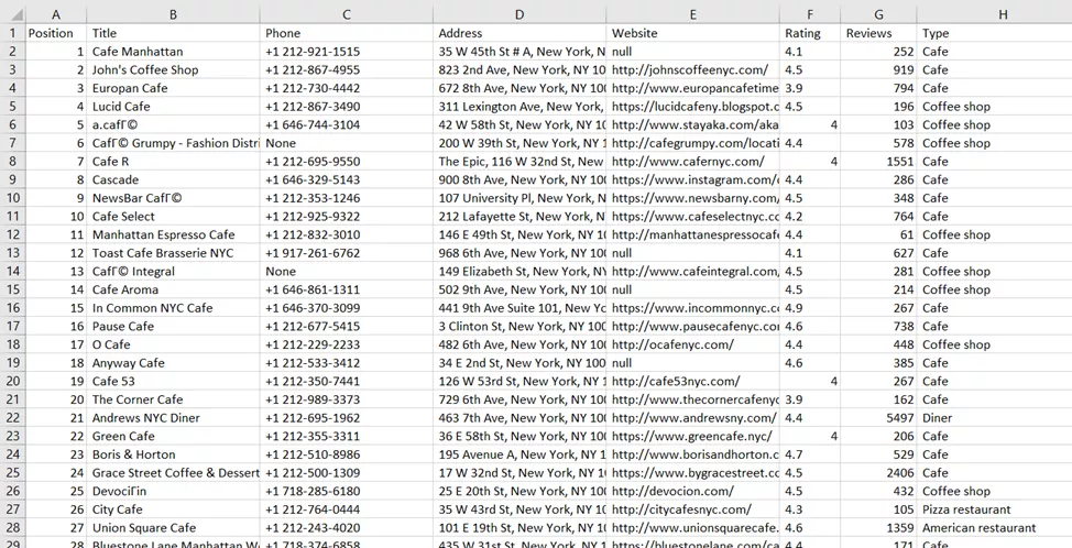 Example of Google Maps scraping results in CSV format